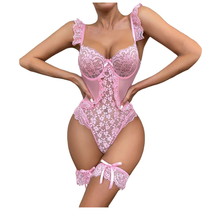 Fiona Floral Pink Lace Lingerie Bodysuit | IrisLace