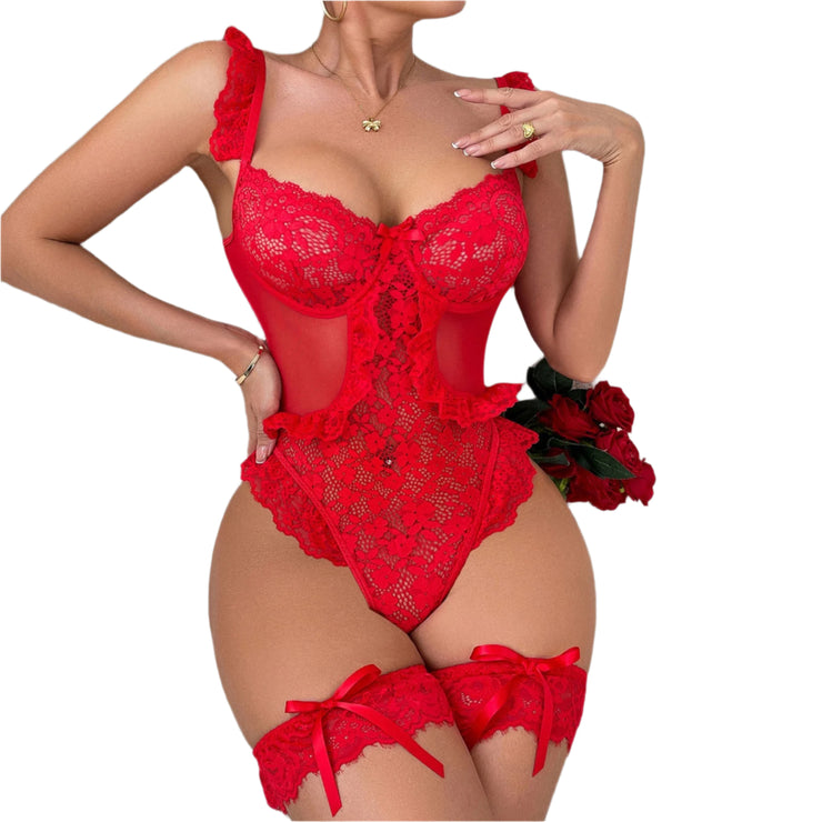 Fiona Floral Red Christmas Lingerie Bodysuit | IrisLace