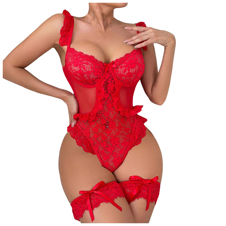 Fiona Floral Red Christmas Lingerie Bodysuit | IrisLace