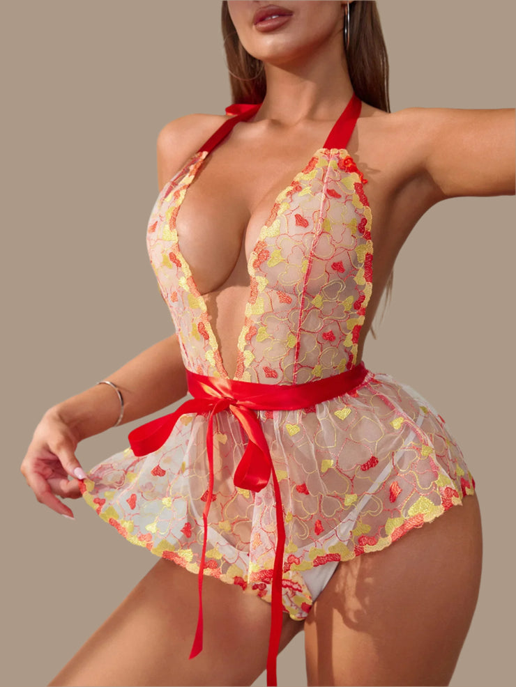 Jacky Red Valentine Lingerie Lace Bodysuit - IrisLace