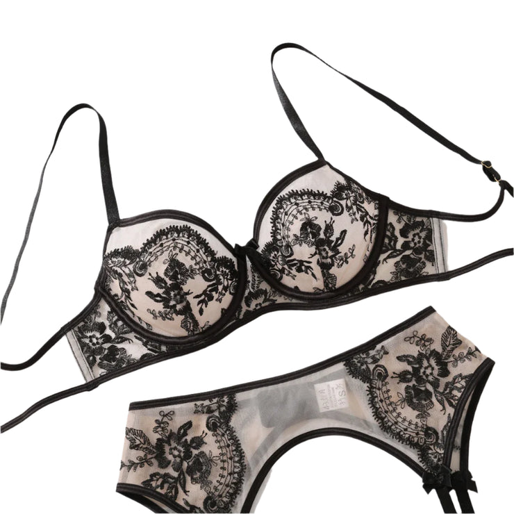 Lovers Lane 2-Piece Bridal Lingerie Set BLACK - IrisLace