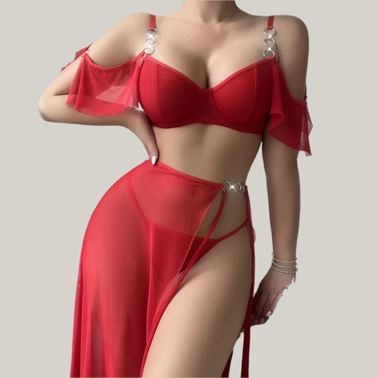 Moonlight Glow Red See Through Lace Underwear Set | IrisLace