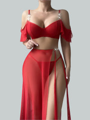 Moonlight Glow Red See Through Lace Underwear Set | IrisLace