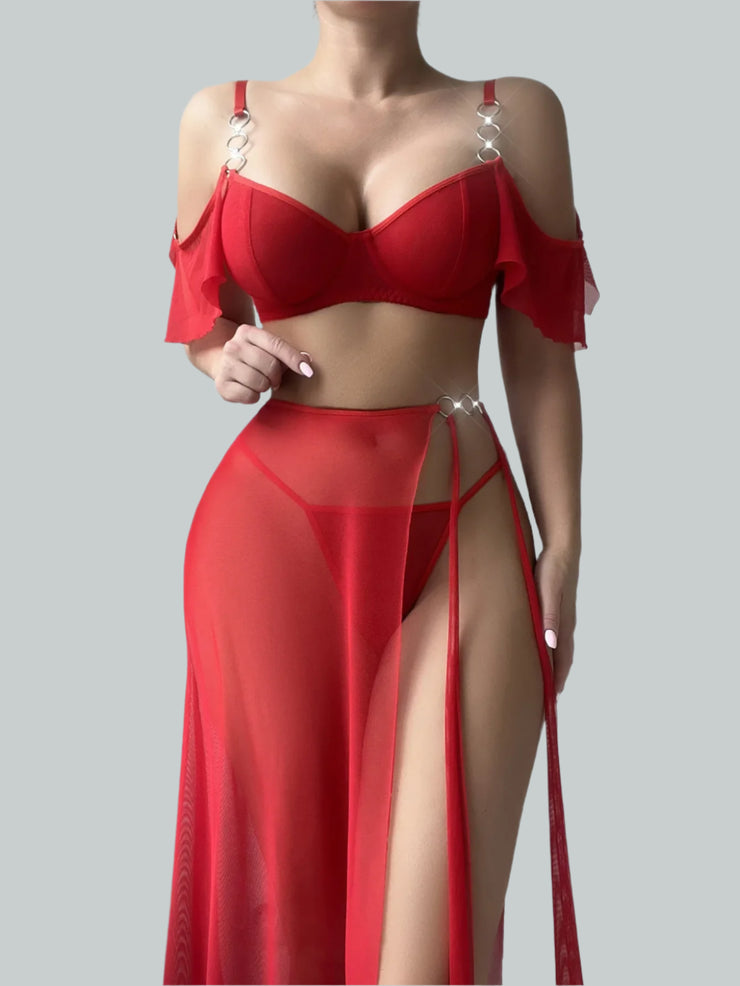 Moonlight Glow Red See Through Lace Underwear Set | IrisLace