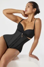 Women’s Zip-Up Latex Body Shaper Camisole – Waist & Abdominal Sculpting Tank (Black/Khaki) - Image 5