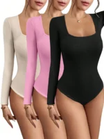 BWQ Summer & Fall Square Collar Bodysuit – Long Sleeve Tight Fit for Inner or Outer Wear, 3 Colors - Image 2