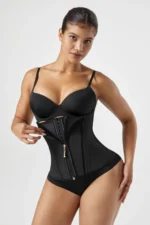 Women’s Zip-Up Latex Body Shaper Camisole – Waist & Abdominal Sculpting Tank (Black/Khaki) - Image 3