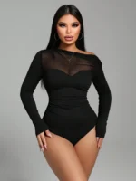 Women’s Black Asymmetric Mesh Bodysuit – Ruched & Patchwork - Image 2