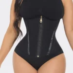 Women’s Zip-Up Latex Body Shaper Camisole – Waist & Abdominal Sculpting Tank (Black/Khaki)