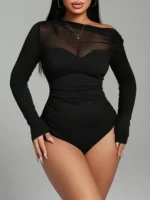Women’s Black Asymmetric Mesh Bodysuit – Ruched & Patchwork
