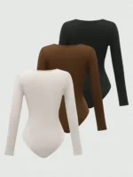 BWQ Summer & Fall Square Collar Bodysuit – Long Sleeve Tight Fit for Inner or Outer Wear, 3 Colors - Image 3