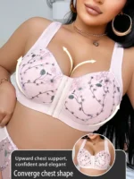 Plus Size Floral Embroidered Wireless Bra – Front Closure with Lift Support - Image 2