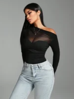 Women’s Black Asymmetric Mesh Bodysuit – Ruched & Patchwork - Image 4