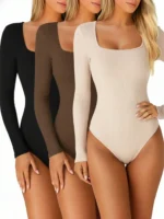 BWQ Summer & Fall Square Collar Bodysuit – Long Sleeve Tight Fit for Inner or Outer Wear, 3 Colors
