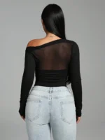 Women’s Black Asymmetric Mesh Bodysuit – Ruched & Patchwork - Image 3