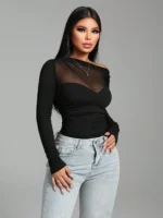 Women’s Black Asymmetric Mesh Bodysuit – Ruched & Patchwork - Image 5