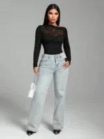 Women’s Black Asymmetric Mesh Bodysuit – Ruched & Patchwork - Image 6